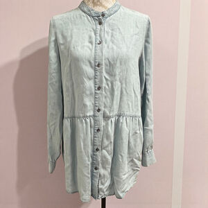 Soft Surroundings Blue Striped Tencel Button Down Tunic Top Size Medium